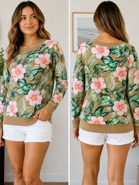 Tommy Bahama Tropical Floral Sweatshirt | Hawaiian Print Pullover | XS